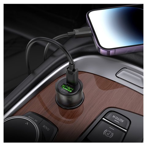 Автомобільний зарядний пристрій Hoco Z52, чорне, Power Delivery (PD), з кабелем USB тип-C до Lightning для Apple, 38 Вт, 2 порта, 12-24 B, #6942007601801 Прев'ю 1
