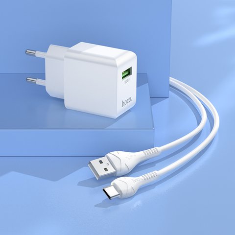 Сетевое зарядное устройство Hoco C98A, 18 Вт, Quick Charge, белый, с USB кабелем тип-C, 1 порт, #6931474766878 Превью 3