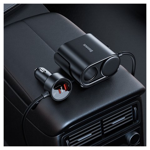 Автомобільний зарядний пристрій Baseus High Efficiency Pro 1-for-2, чорне, з розеткою, 30 Вт, 2 порта, 12-24 B, #C00455300121-00 Прев'ю 1