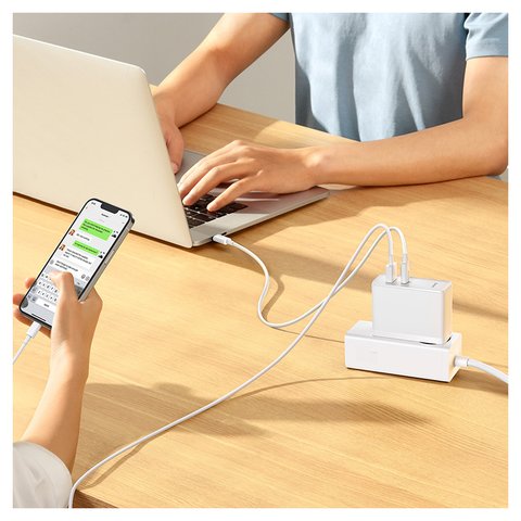 Adaptador de red Baseus GaN5 Pro, 100 W, Quick Charge, blanco, con cable USB tipo C - USB tipo C, 2 puertos, #CCGP090202 Vista previa  1